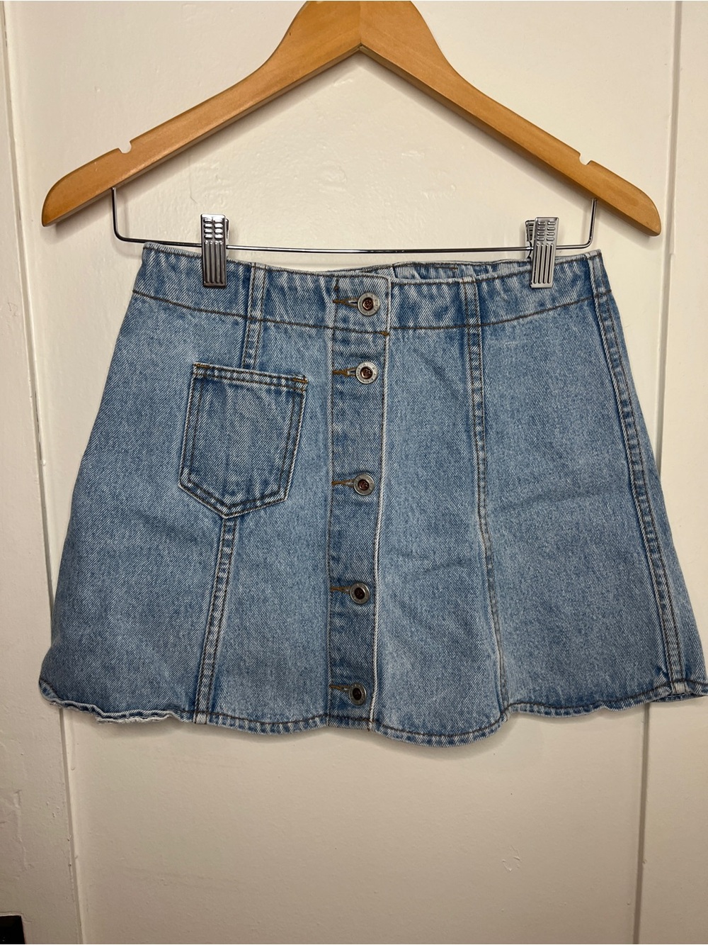 Casual Light Blue Denim Button-Front Skater Skirt